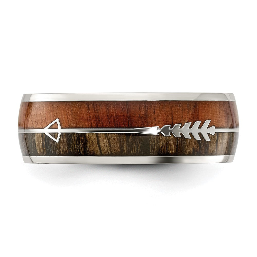 Stainless Steel Polished with Wood Inlay Arrow 8mm Band