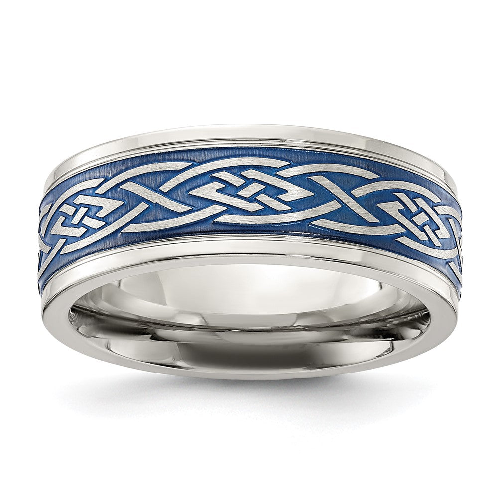 Stainless Steel Polsihed Blue IP-plated Celtic Design 8.00mm Band