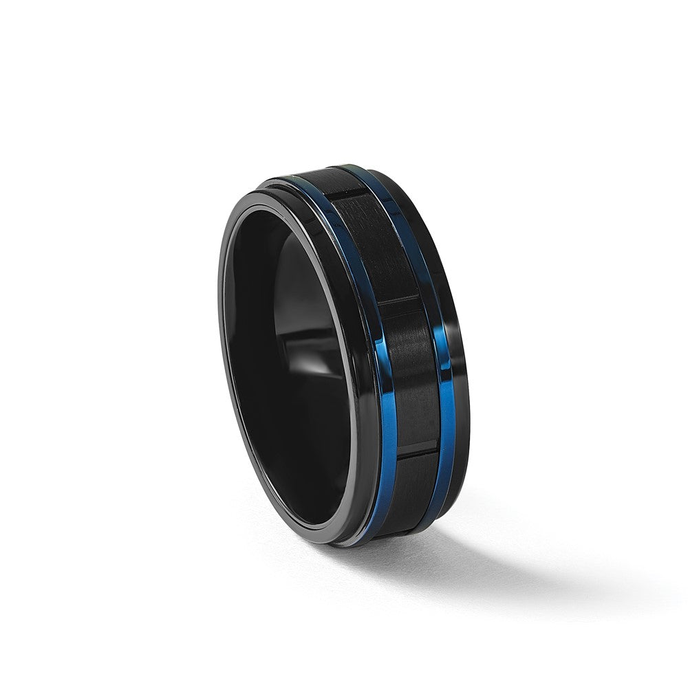 Stainless Steel Polished w/Brushed Center Black & Blue IP 8mm Band