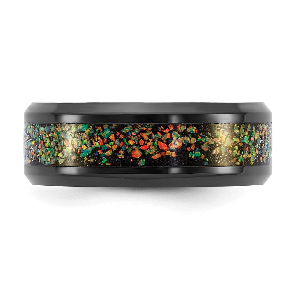 Stainless Steel Polished Black IP-plated Multi-color Opal Inlay 8mm Band