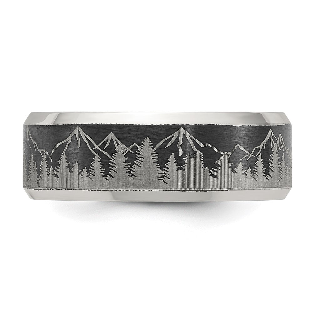 Stainless Steel Brushed Center w/Laser Design Mountains 8mm Band