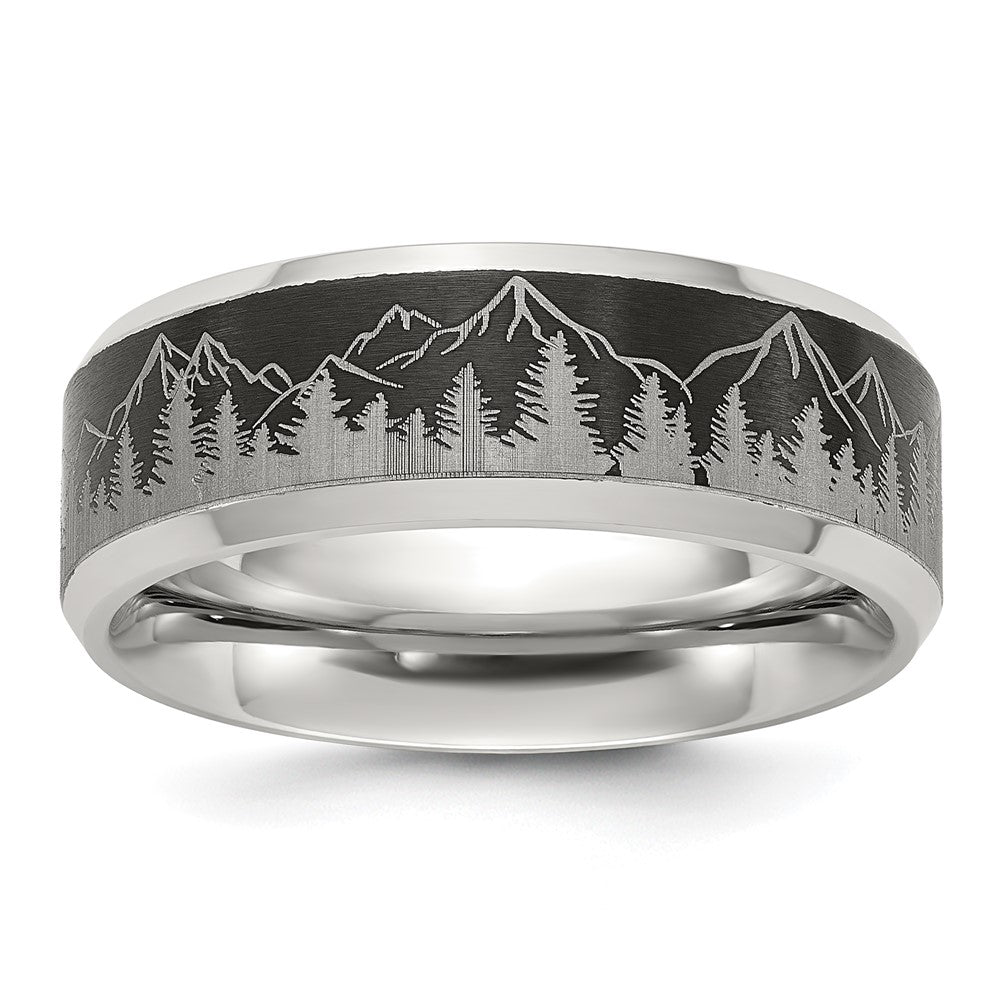 Stainless Steel Brushed Center w/Laser Design Mountains 8mm Band