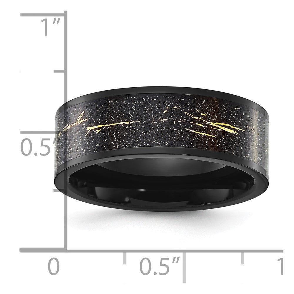 Stainless Steel Polished Black IP-plated Black/Gold Foil Inlay 8mm Band