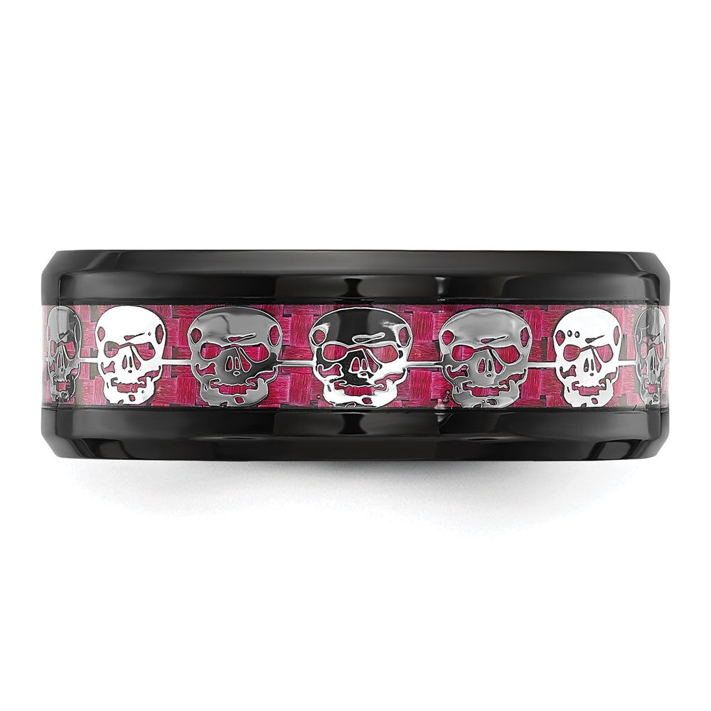 Stainless Steel Black IP-plated Skulls w/ Pink Carbon Fiber Inlay 8mm Band