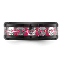 Stainless Steel Black IP-plated Skulls w/ Pink Carbon Fiber Inlay 8mm Band