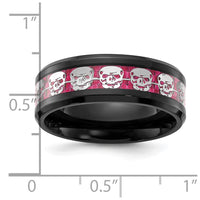 Stainless Steel Black IP-plated Skulls w/ Pink Carbon Fiber Inlay 8mm Band