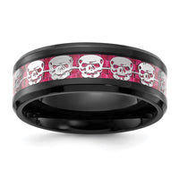 Stainless Steel Black IP-plated Skulls w/ Pink Carbon Fiber Inlay 8mm Band