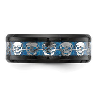 Stainless Steel Black IP-plated Skulls w/Blue Carbon Fiber Inlay 8mm Band