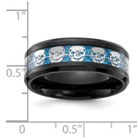Stainless Steel Black IP-plated Skulls w/Blue Carbon Fiber Inlay 8mm Band