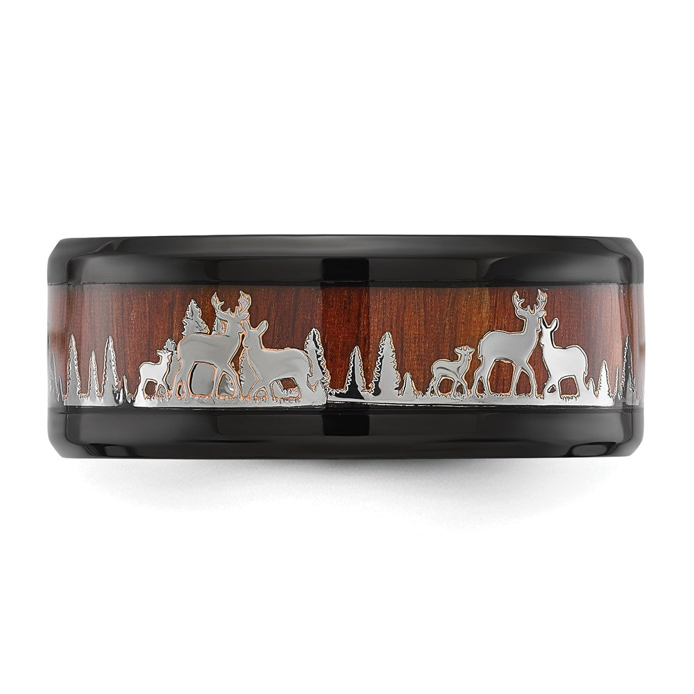 Stainless Steel Polished Black IP w/Wood Inlay Deer in Forest Design Band