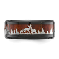 Stainless Steel Polished Black IP w/Wood Inlay Deer in Forest Design Band