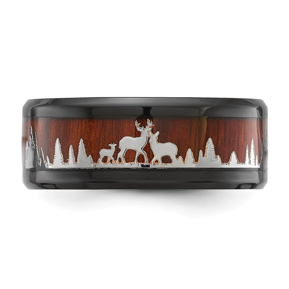 Stainless Steel Polished Black IP w/Wood Inlay Deer in Forest Design Band