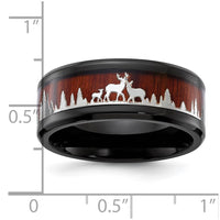 Stainless Steel Polished Black IP w/Wood Inlay Deer in Forest Design Band