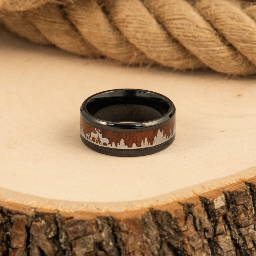 Stainless Steel Polished Black IP w/Wood Inlay Deer in Forest Design Band