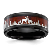 Stainless Steel Polished Black IP w/Wood Inlay Deer in Forest Design Band