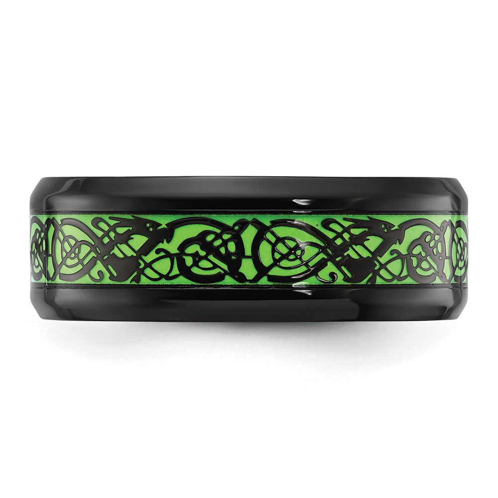 Stainless Steel Polished Black IP Dragon Design Green Glow in the Dark Enam