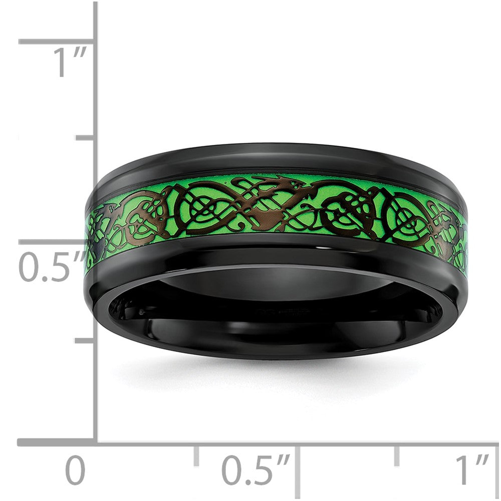 Stainless Steel Polished Black IP Dragon Design Green Glow in the Dark Enam