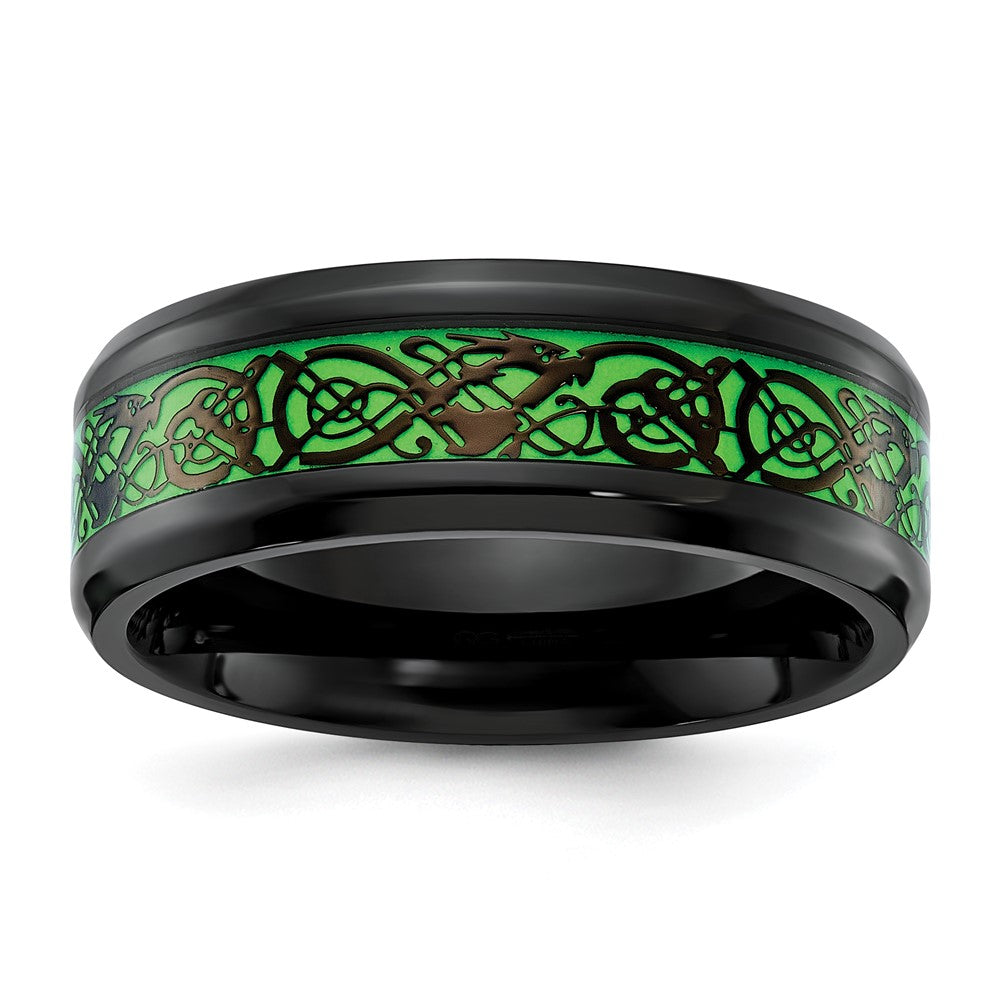 Stainless Steel Polished Black IP Dragon Design Green Glow in the Dark Enam
