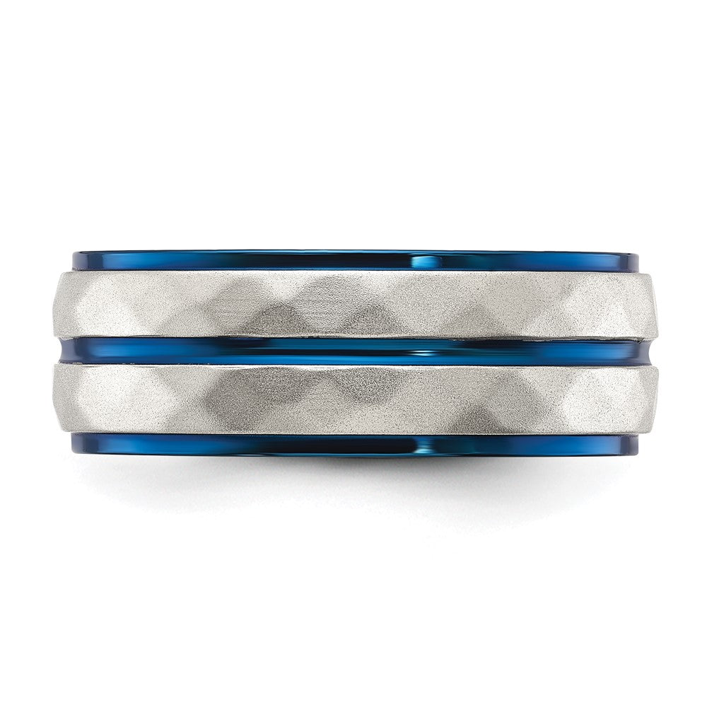 Stainless Steel Polished and Sand-blasted Faceted Blue IP-plated Band