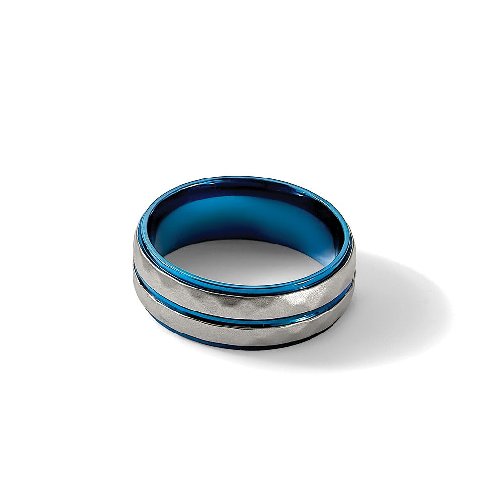 Stainless Steel Polished and Sand-blasted Faceted Blue IP-plated Band