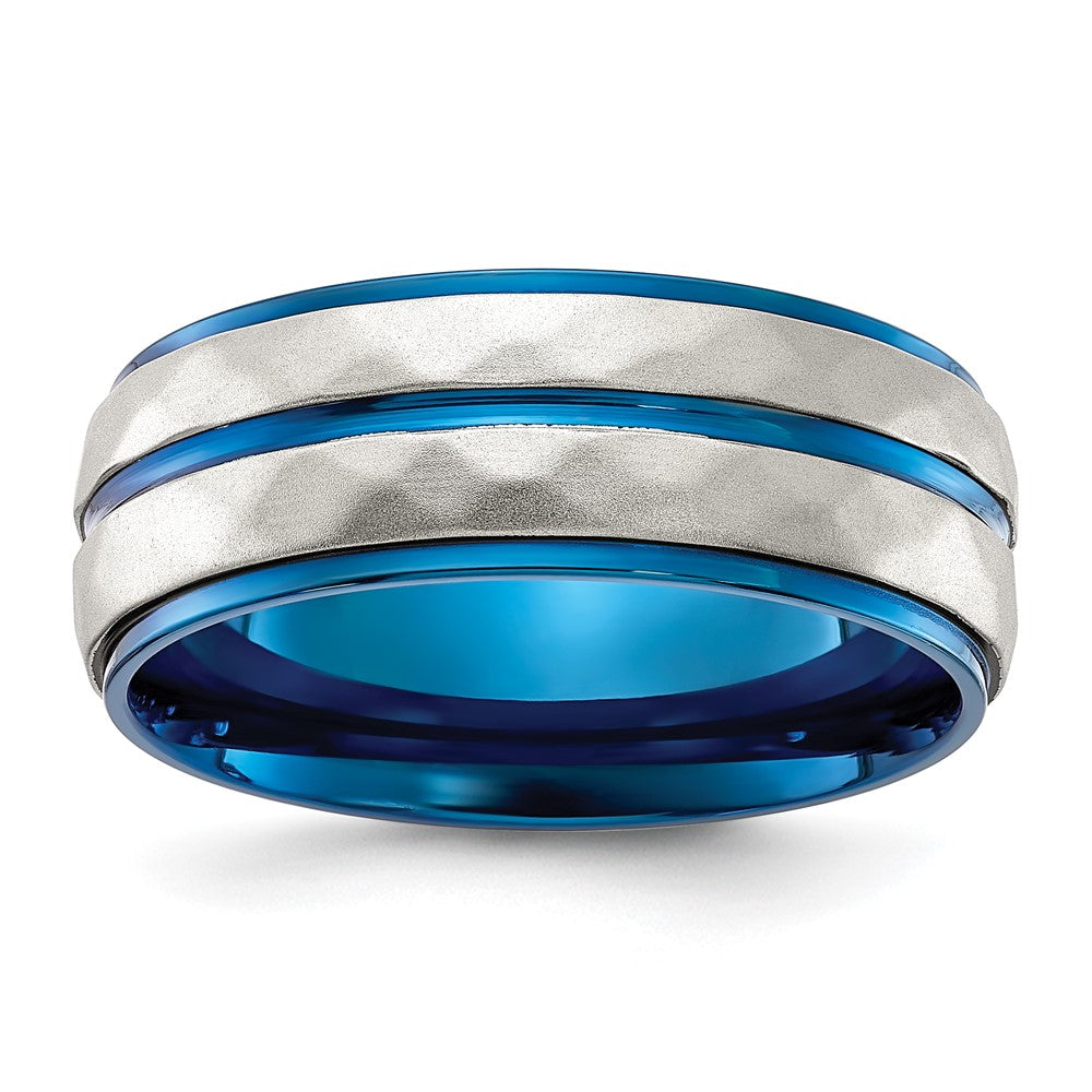 Stainless Steel Polished and Sand-blasted Faceted Blue IP-plated Band