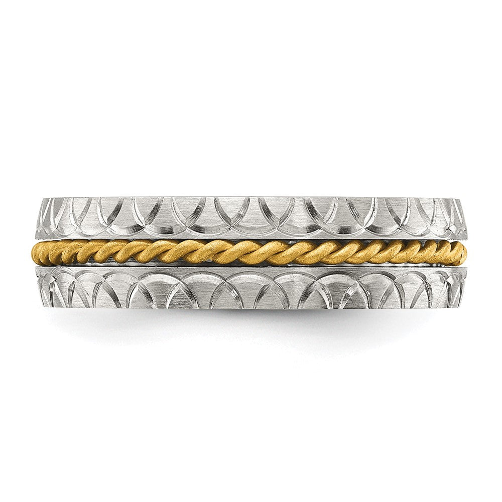 Stainless Steel Brushed, Polished and Textured Yellow IP Center 6mm Band