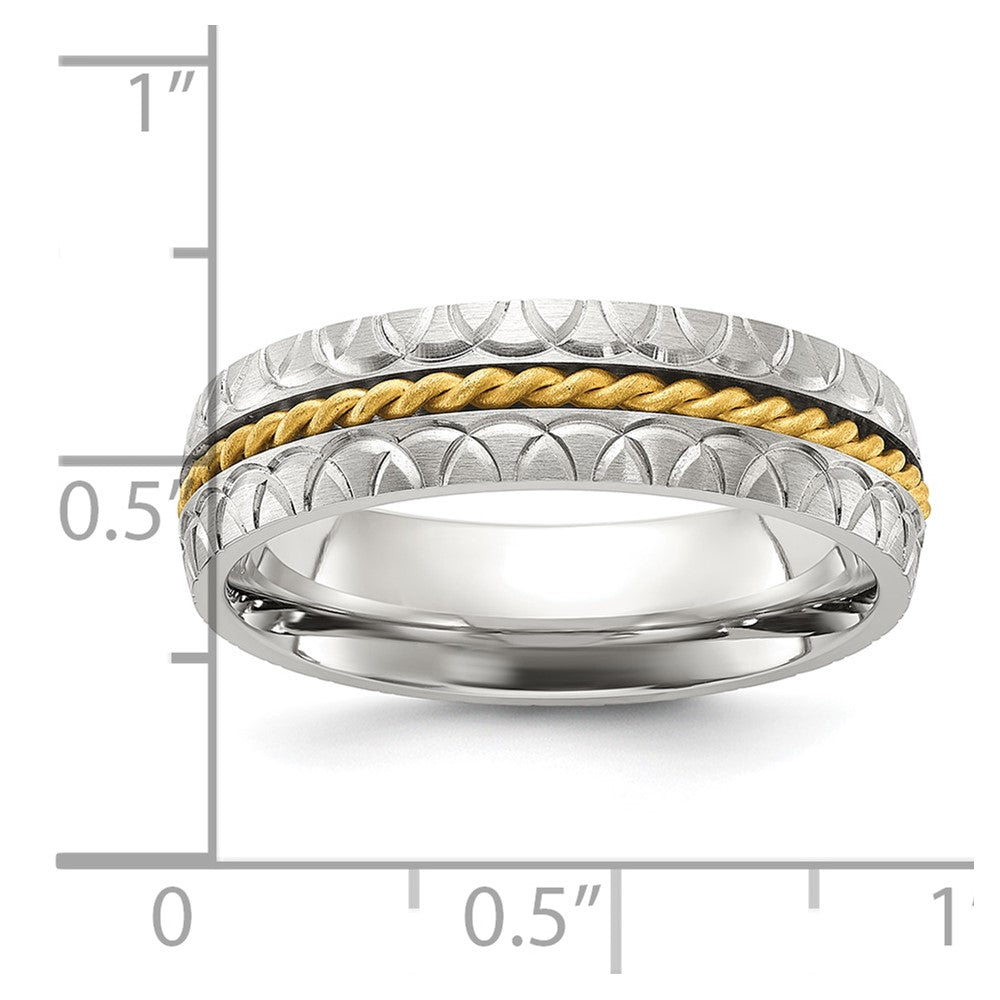 Stainless Steel Brushed, Polished and Textured Yellow IP Center 6mm Band