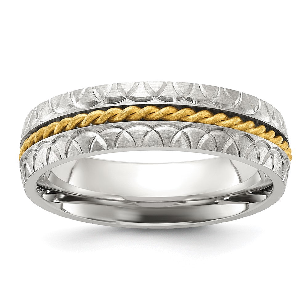 Stainless Steel Brushed, Polished and Textured Yellow IP Center 6mm Band