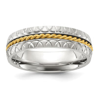 Stainless Steel Brushed, Polished and Textured Yellow IP Center 6mm Band