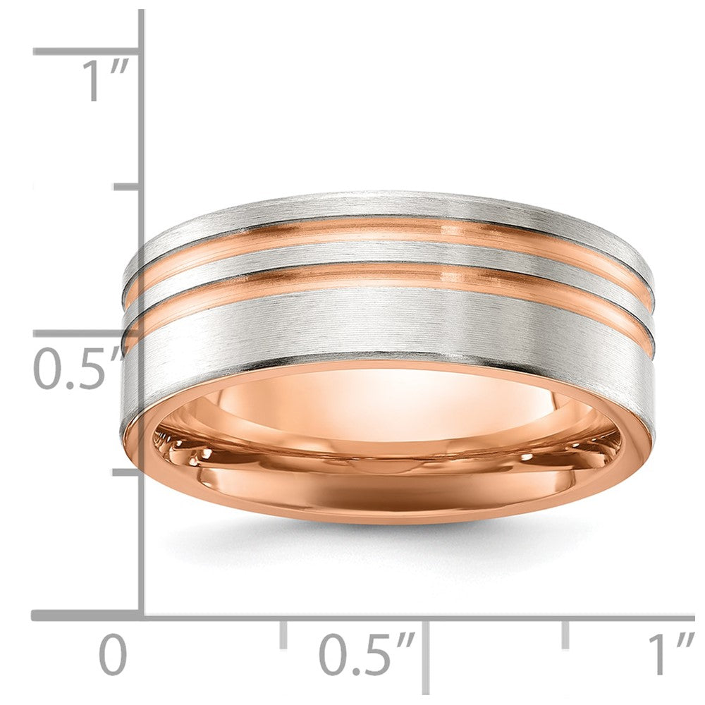 Stainless Steel Brushed Rose IP-plated Stripes 8mm Band