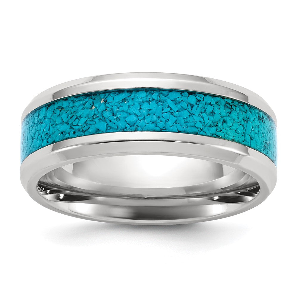 Stainless Steel Polished with Imitation Turquoise Inlay 8mm Band
