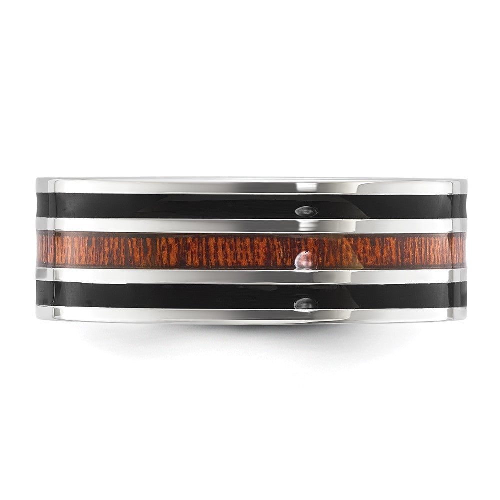 Stainless Steel Polished with Black Resin and Wood Inlay 8mm Band