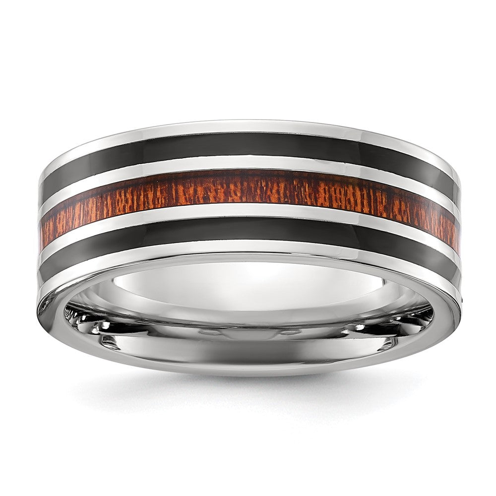 Stainless Steel Polished with Black Resin and Wood Inlay 8mm Band