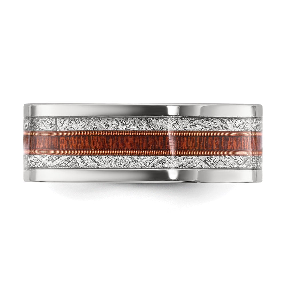 Stainless Steel Polished with Wood and Imit. Meteorite Inlay 8mm Band