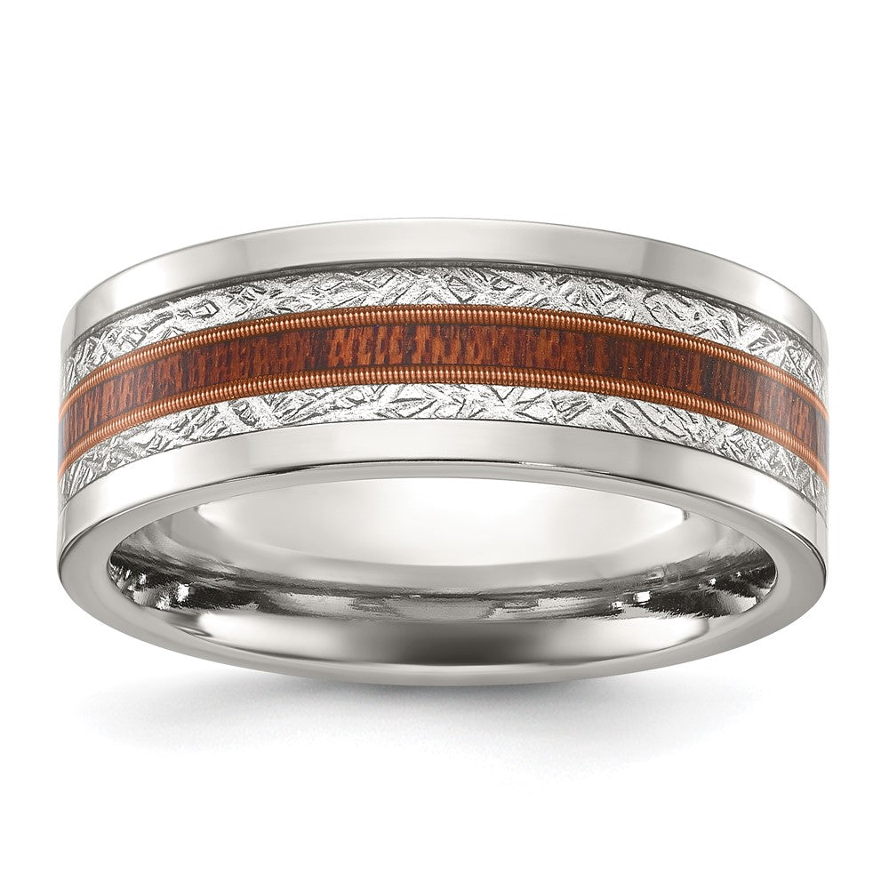 Stainless Steel Polished with Wood and Imit. Meteorite Inlay 8mm Band
