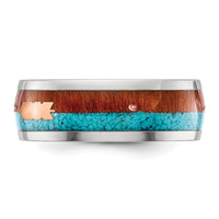 Stainless Steel Polished Arrow w/ImitationTurquoise and Wood Inlay 8mm Band