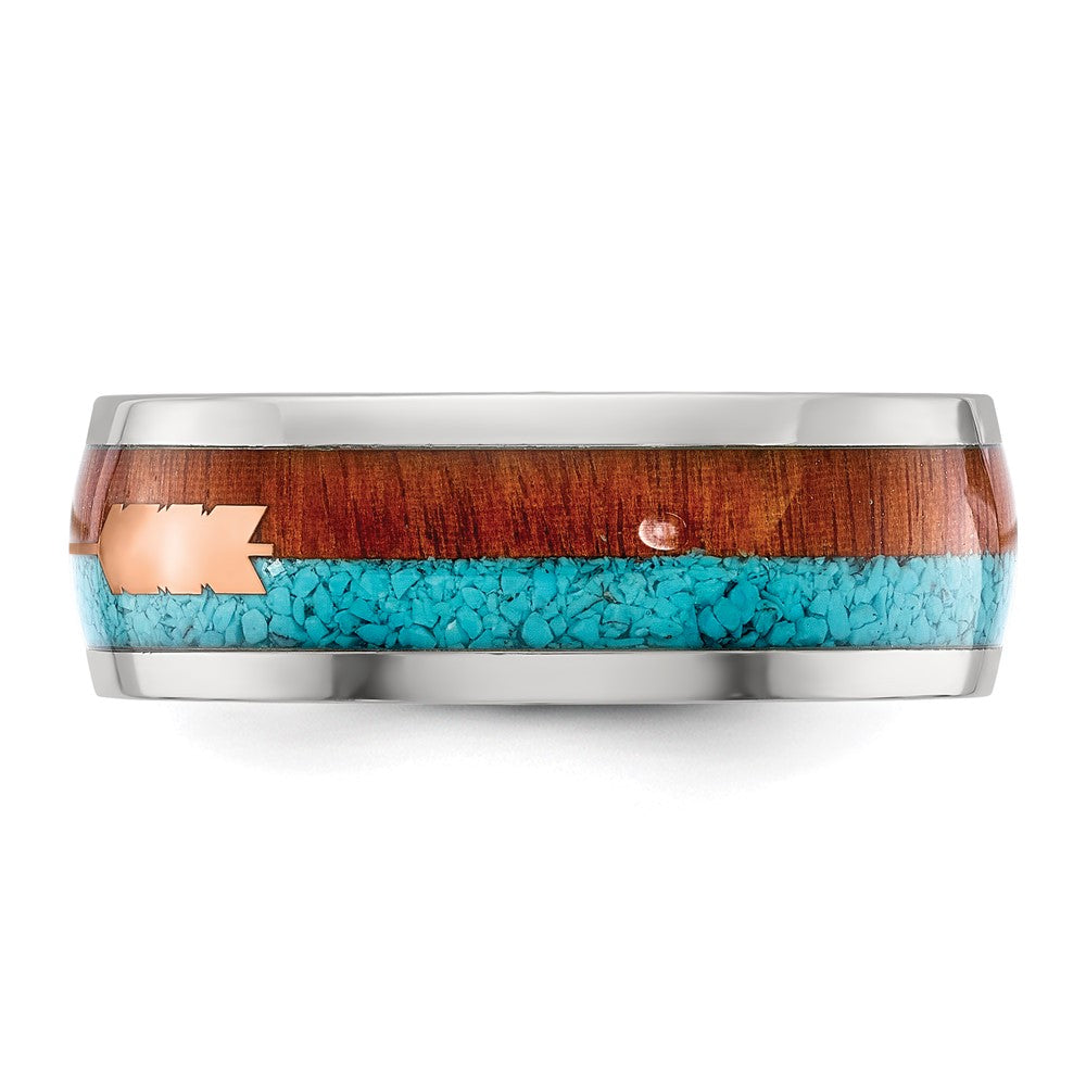 Stainless Steel Polished Arrow w/ImitationTurquoise and Wood Inlay 8mm Band