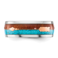 Stainless Steel Polished Arrow w/ImitationTurquoise and Wood Inlay 8mm Band