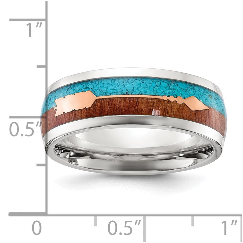 Stainless Steel Polished Arrow w/ImitationTurquoise and Wood Inlay 8mm Band