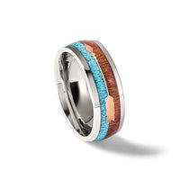 Stainless Steel Polished Arrow w/ImitationTurquoise and Wood Inlay 8mm Band