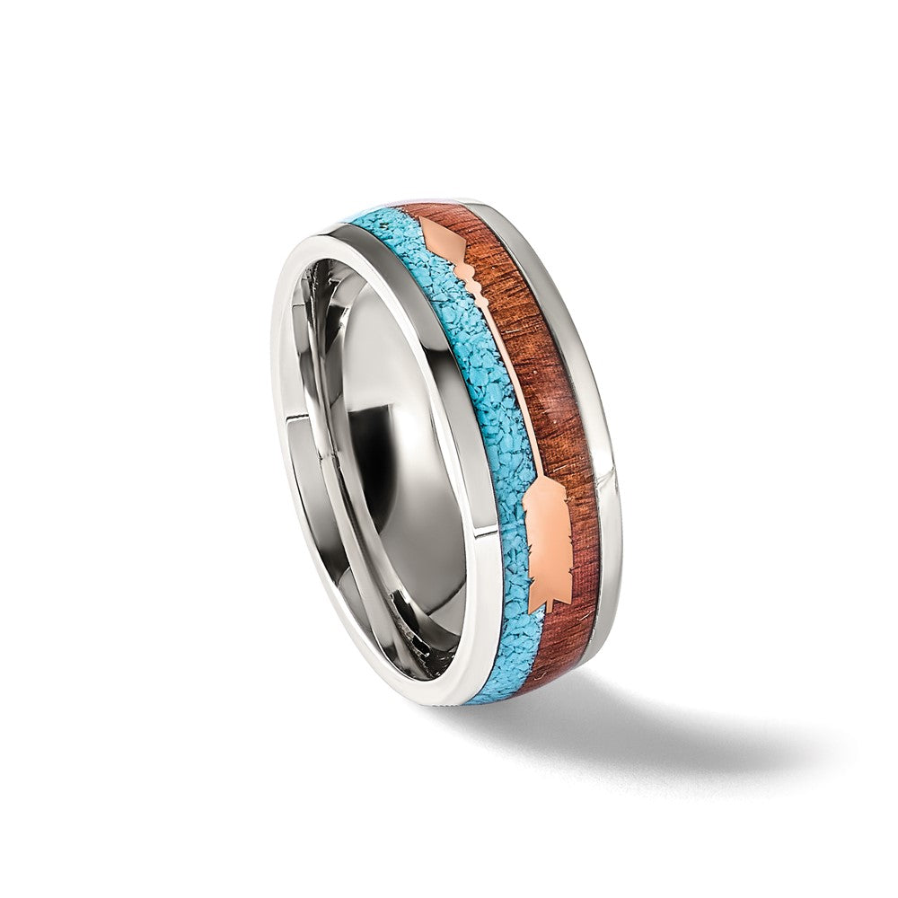 Stainless Steel Polished Arrow w/ImitationTurquoise and Wood Inlay 8mm Band