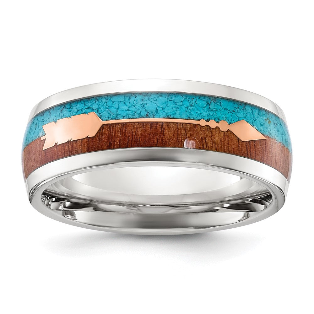 Stainless Steel Polished Arrow w/ImitationTurquoise and Wood Inlay 8mm Band