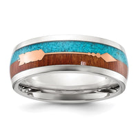 Stainless Steel Polished Arrow w/ImitationTurquoise and Wood Inlay 8mm Band