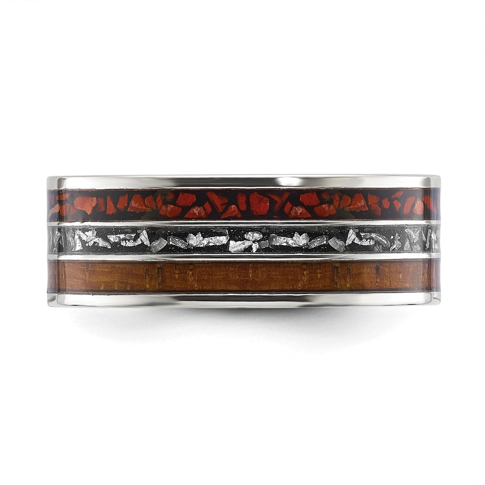 Stainless Steel Polished w/Wood/Imt. Meteorite/Redstone Inlay Band