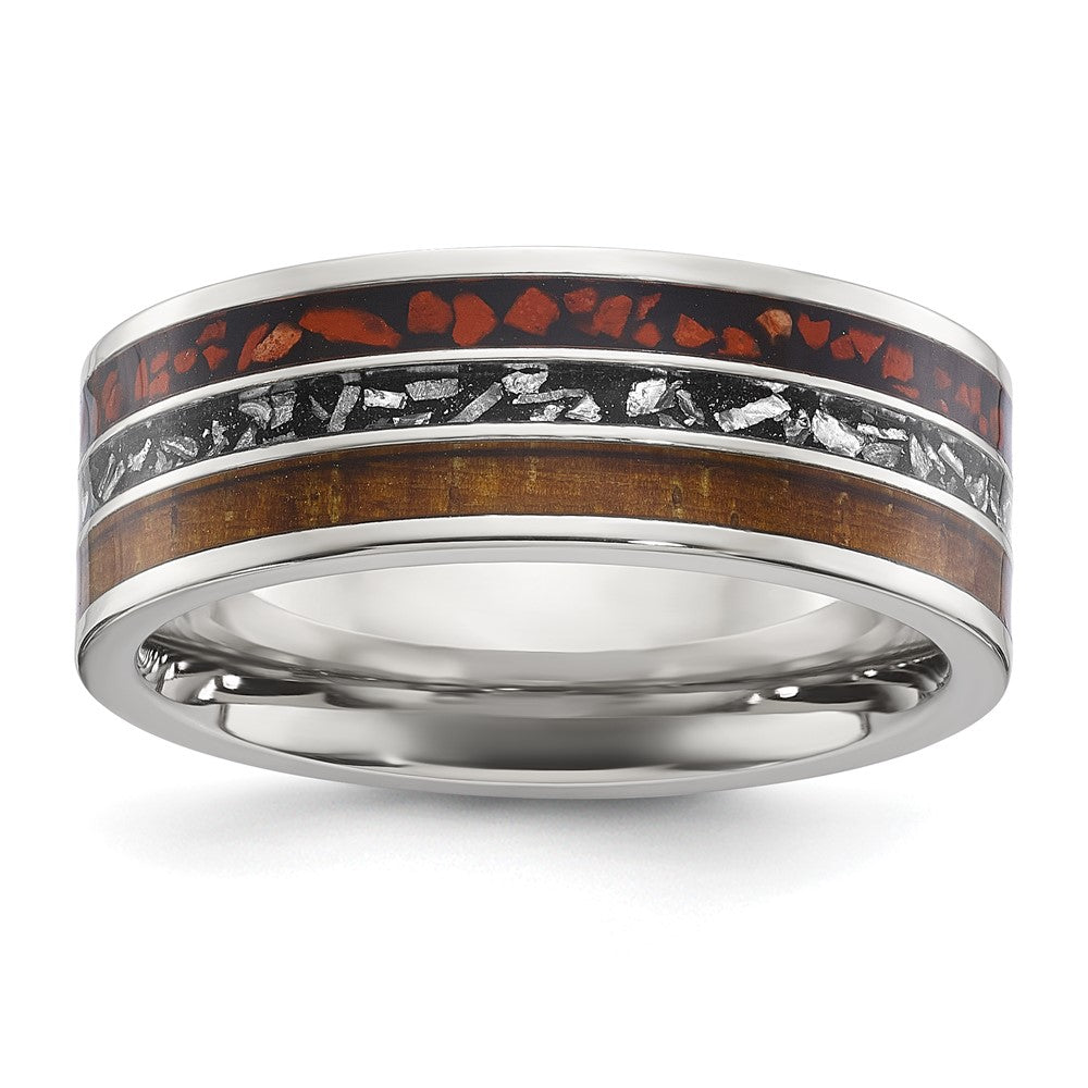 Stainless Steel Polished w/Wood/Imt. Meteorite/Redstone Inlay Band