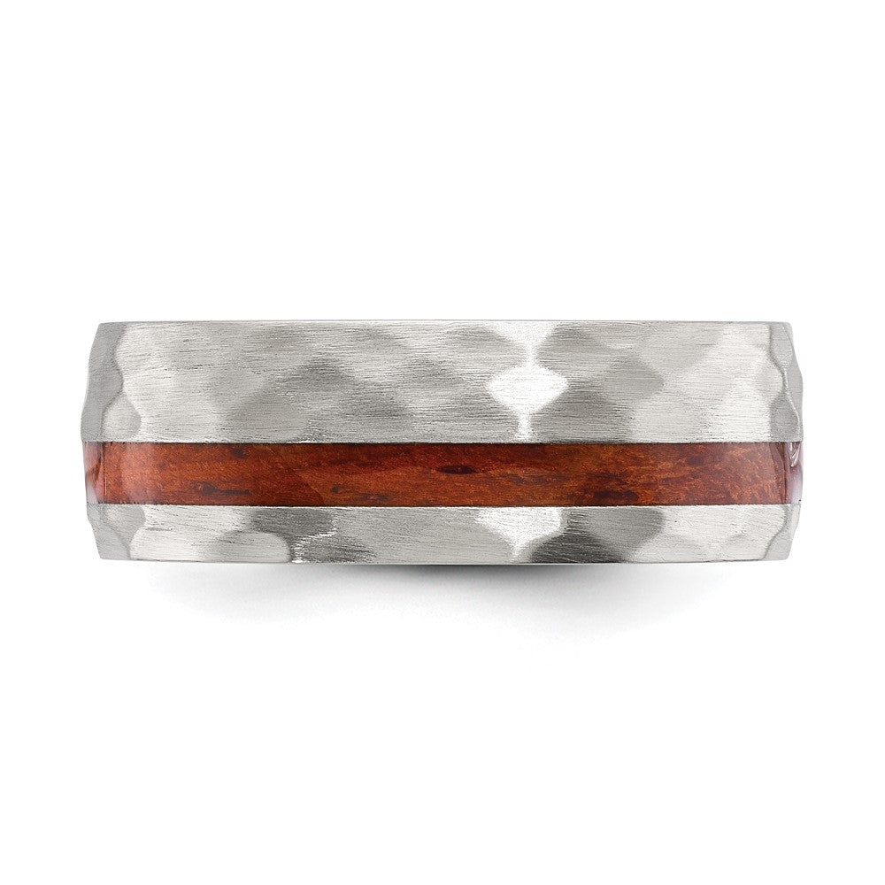Stainless Steel Brushed and Hammered with Wood Inlay 8mm Band