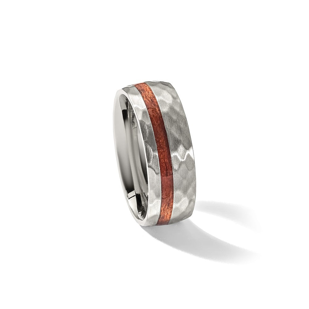 Stainless Steel Brushed and Hammered with Wood Inlay 8mm Band