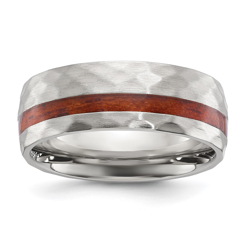 Stainless Steel Brushed and Hammered with Wood Inlay 8mm Band