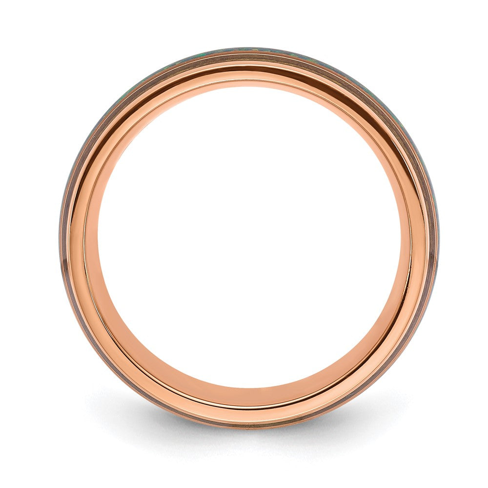 Stainless Steel Polished Rose IP with Wood/Imit. Opal Inlay 8mm Band