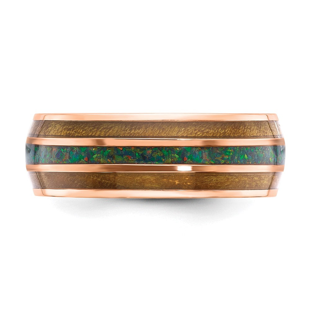Stainless Steel Polished Rose IP with Wood/Imit. Opal Inlay 8mm Band
